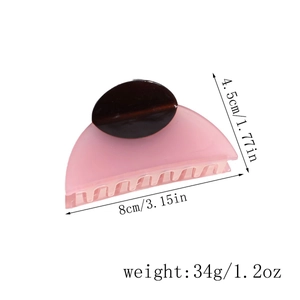 Detailed size chart for pink acetate semi-circle claw clip showing 8cm length and 34g weight