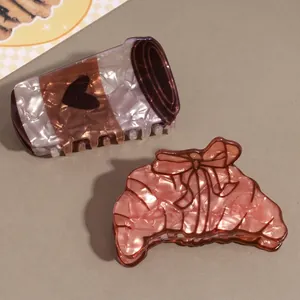 Korean Style Retro Cartoon Croissant Coffee Cup Shape Acrylic Hair Claw Clip Fresh Sweet Hair Accessories For Women Girls