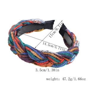 Detail view of colorful knitted headband with non-slip teeth and product dimensions