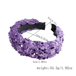 Detailed size chart of purple velvet sequin headband showing width and weight specs