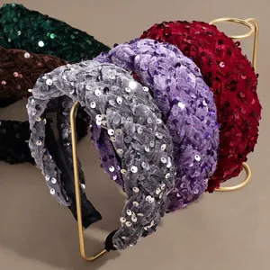 Women Fashion Velvet Braided Sequin Hairband Thick Padded Twist Headband Solid Color Glitter Hair Hoop Elegant Party Hair Accessories