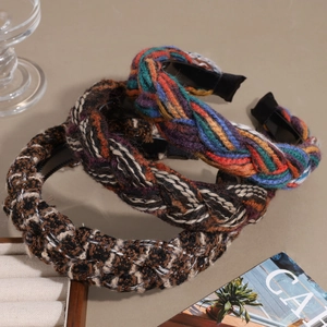 Three-piece chunky knit headbands set with retro braided texture and colorful plaid patterns