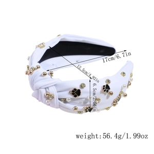Detailed size specifications for wide knotted fabric headband with pearls and puppy paws