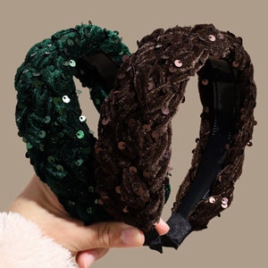 Velvet braided headband set with sparkling sequins in dark green and coffee colors