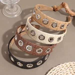 Handmade Raffia Woven Headband For Women With Metal Eyelet Decoration Bohemian Vacation Wide Hair Band Fashion Headpiece Accessory