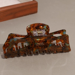 Detail of French tortoise shell hair claw clip with golden Barrette La France lettering