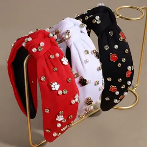 Elegant Knotted Fabric Wide Brim Headband Faux Artificial Pearl Rhinestone Paw Print Enamel Charm High Top Hair Accessories For Women