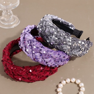 Three-piece sequin velvet braided headband set in grey, purple, and red for high skull top