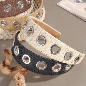 Handmade raffia braided headband with metal eyelet rings in black, beige and brown