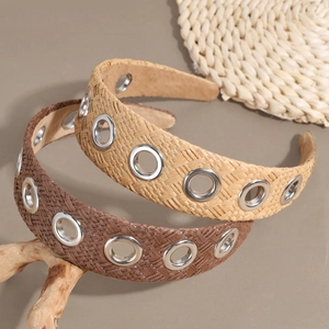 Bohemian raffia woven headband with silver metal eyelets in beige and dark brown colors