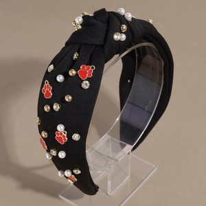 Knot headband with pearls, rhinestones and red paw charm for women's hair accessories