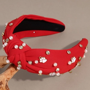 Red knotted wide headband with pearls, rhinestones, and cute puppy paw charms