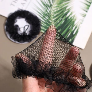 Elastic black lace hair net for ballet bun styling with wavy mesh edge for nurses