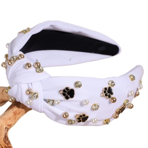 Elegant white knotted headband with pearls, rhinestones and cute dog paw charms
