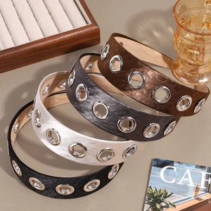 Punk style wide metal eyelet headbands in satin fabric, set of four assorted colors
