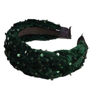 Sparkly dark green velvet wide headband with twisted design and shiny sequins decor