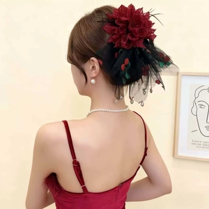 Pince à Cheveux Vintage Gothique Fleur Maille Ourlet Jupe Franges Imprimé Cerise Grande Pince Crabe Femme Accessoires