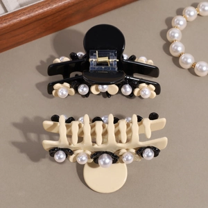 Elegant French flower hair claw clips with pearls for thick hair in black and cream