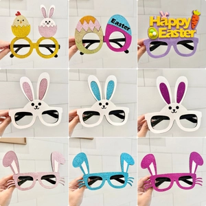 Nine-piece Easter party glasses set featuring glitter bunnies and colorful egg designs