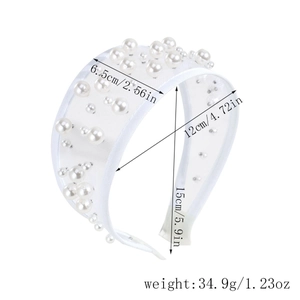 Elegant wide mesh headband with white pearls and detailed size dimensions measurements