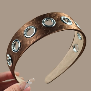 Brown leopard satin headband with silver eyelets and wide design for women fashion