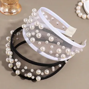 Elegant French Vintage Wide Mesh Headband With Artificial Pearls For Women Fashion Hair Hoop Accessory Wedding Party