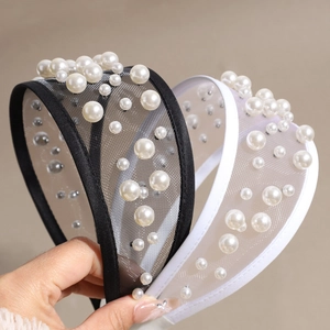 Elegant wide mesh headbands with faux pearls in black and white set for women