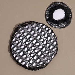 Close-up of black lace hairnet detailing mesh structure and elastic hair bun net cover