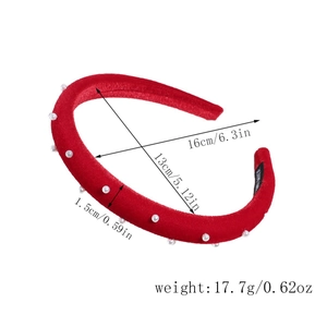 Detail of red velvet headband with white pearl beads and anti-slip lining