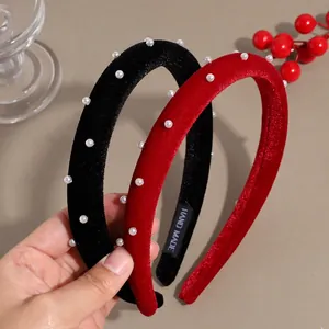Velvet Artificial Pearl Headband Vintage Thick Hair Hoop Puffy High Top Hair Accessories For Women Party Wedding Hairband