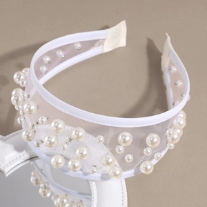 Elegant wide mesh headband with white pearls and satin trim for wedding or party