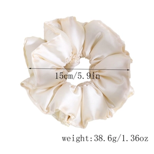 Detail view of large satin scrunchie with 15cm diameter size and 38.6g weight info