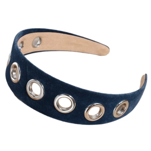 Serre-tête large en velours bleu marine style punk avec œillets métalliques argentés