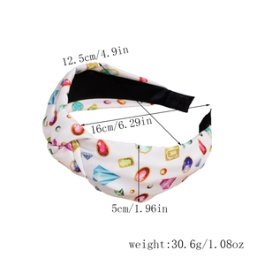 Detailed size specifications and weight for the colorful gemstone print knotted headband
