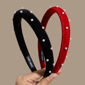 Velvet pearl headbands in black and red colors with handcrafted stitching detail