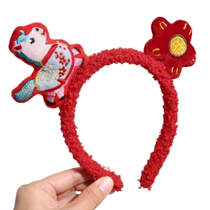 Red plush lamb velvet headband for children with unicorn and lucky Fu character embroidery
