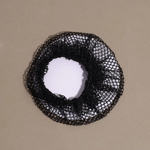 Close-up of black elastic hair net with fine mesh design for bun styling and hair fixing