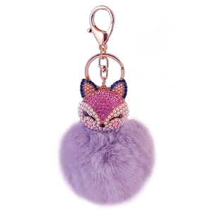 Lavender fox faux fur pompom keychain with pink rhinestones and rose gold hardware