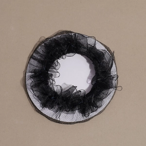 Detail showing the layered black lace hairnet texture for ballet buns and styling