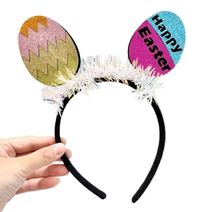 Sparkly Happy Easter bunny ear headband with colorful sequins and white fringe details