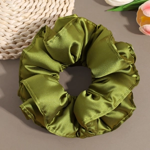Olive green large satin scrunchie with silk texture for ponytail hairstyling