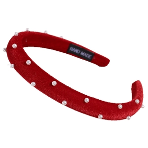 Elegant red velvet pearl headband with handcrafted details for a vintage retro hair look