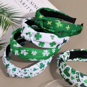 St. Patrick's Day Shamrock Knot Headband For Women Green White Wide Fabric Hair Hoop Irish Festival Party Hair Accessories