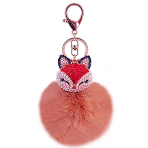 Pink orange faux fur fox keychain with sparkling rhinestones and a pearl accent