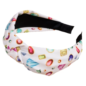 Colorful gemstone print knotted headband with white fabric for festive high top hair styling