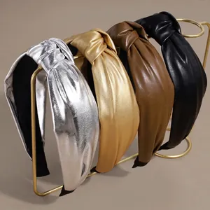 Women Fashion Metallic PU Leather Knot Wide Headband Solid Color Top Knot Hair Band Retro Party Hair Accessories