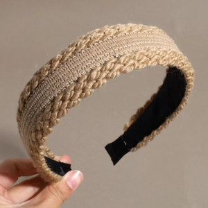 Retro wide twisted knit headband for women in khaki warm winter crochet style