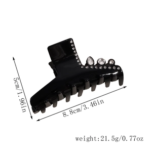 Detail showing dimensions of 8.8cm black hair claw clip with teardrop crystals