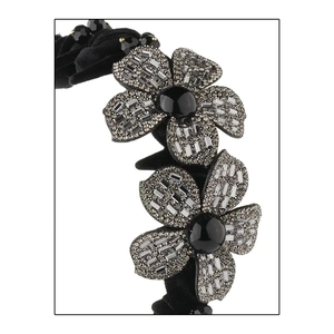 Elegant black velvet headband with sparkling rhinestone flowers and tall crown design