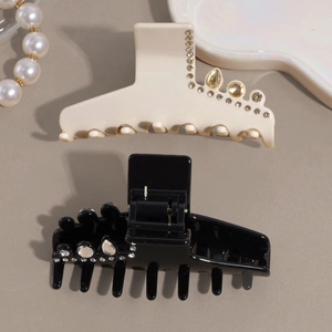 French style hair claw clips with rhinestones in cream beige and glossy black finish